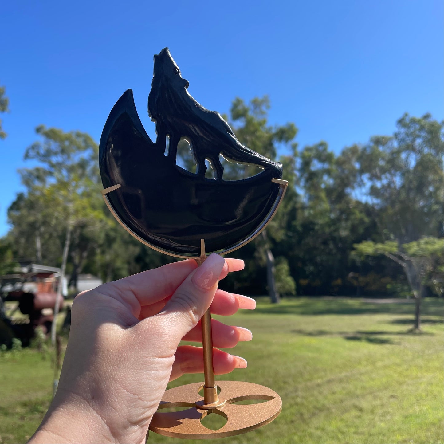 Howling Wolf & Moon on Stand - Black Obsidian