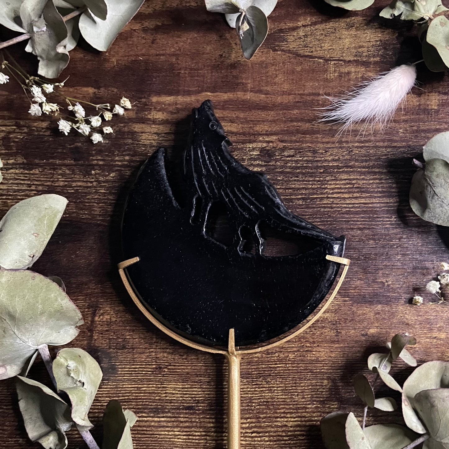 Howling Wolf & Moon on Stand - Black Obsidian