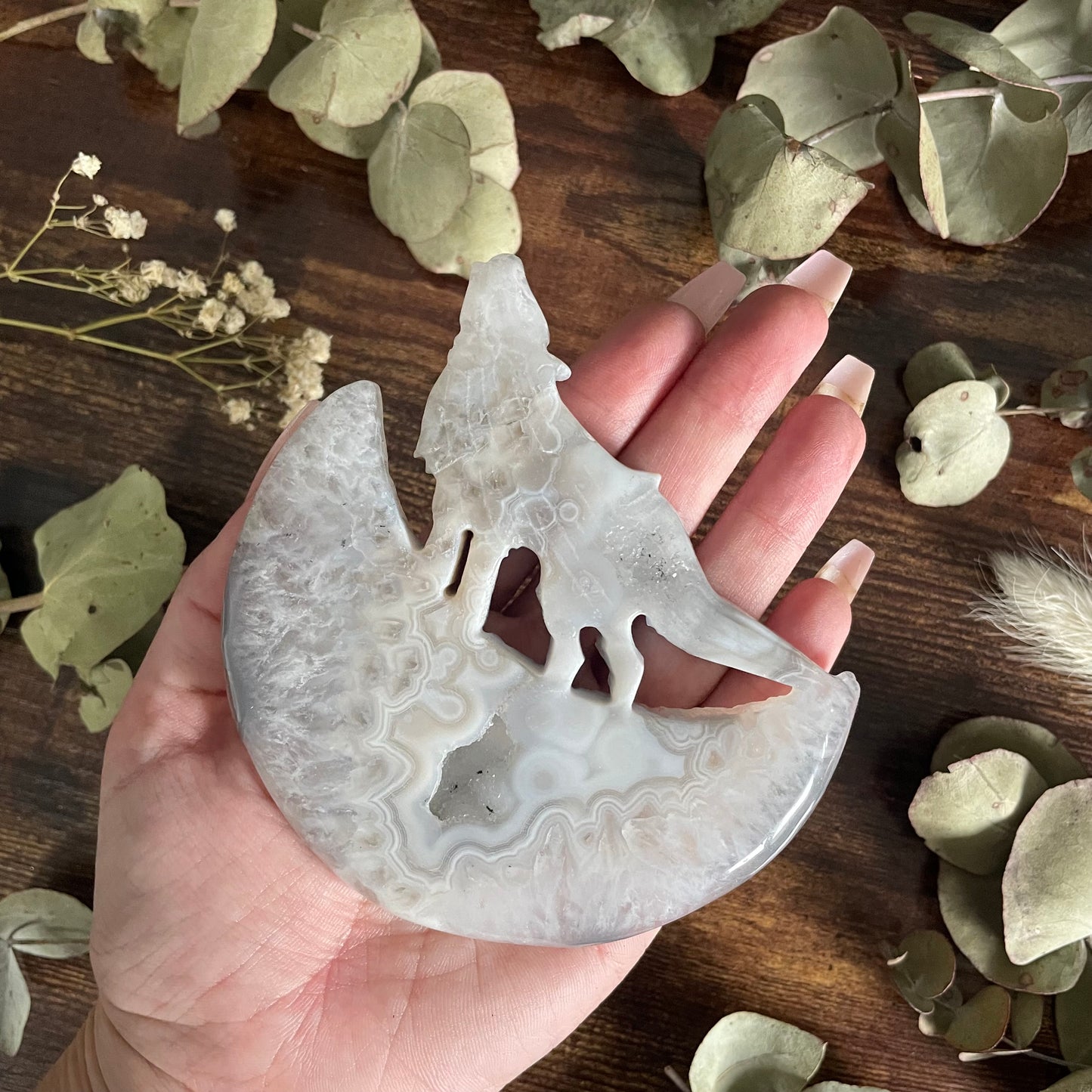 Howling Wolf & Moon on Stand - White Druzy Agate