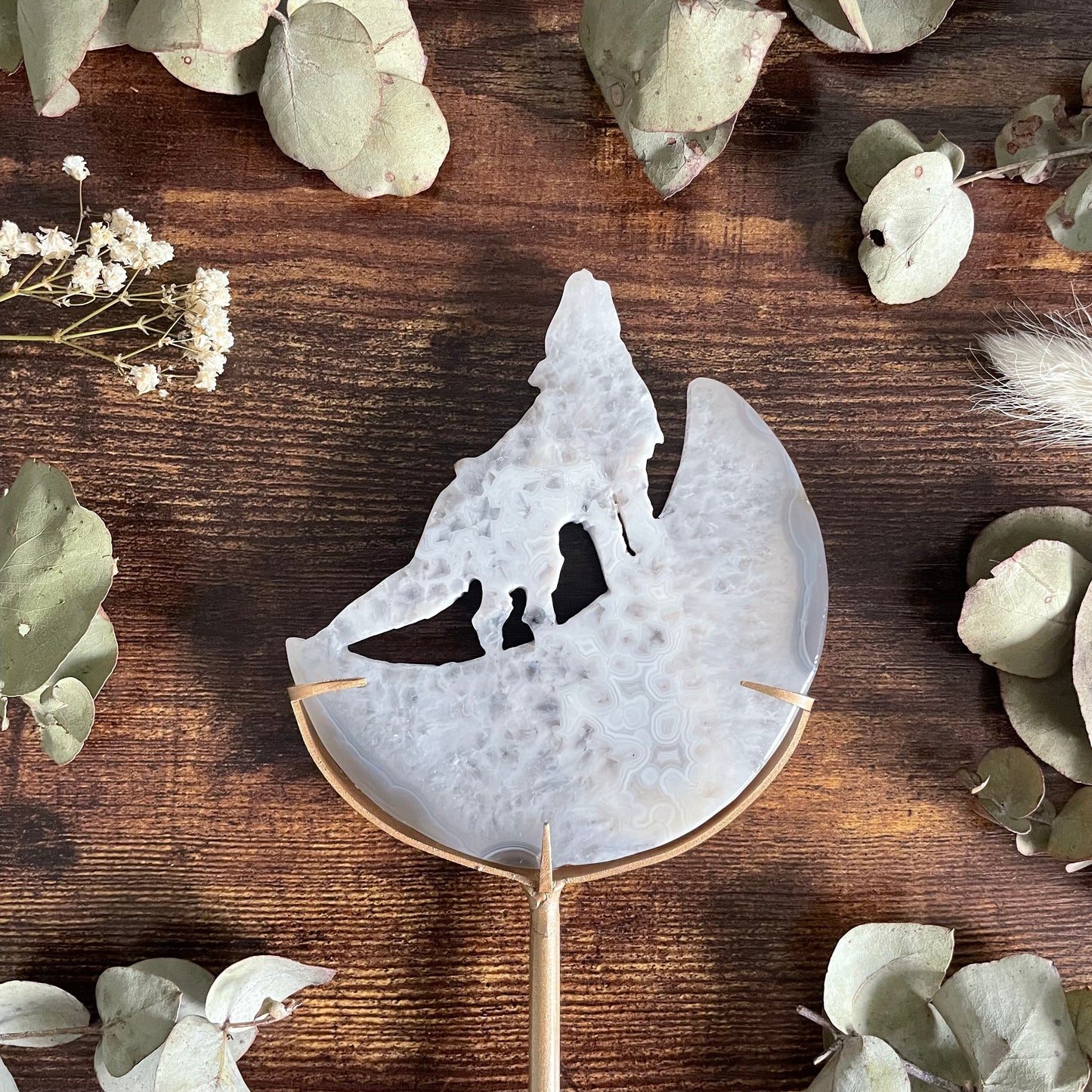 Howling Wolf & Moon on Stand - White Druzy Agate