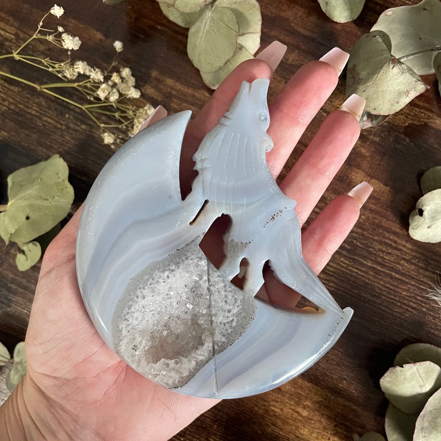 Howling Wolf & Moon on Stand - Blue Laced Druzy Agate