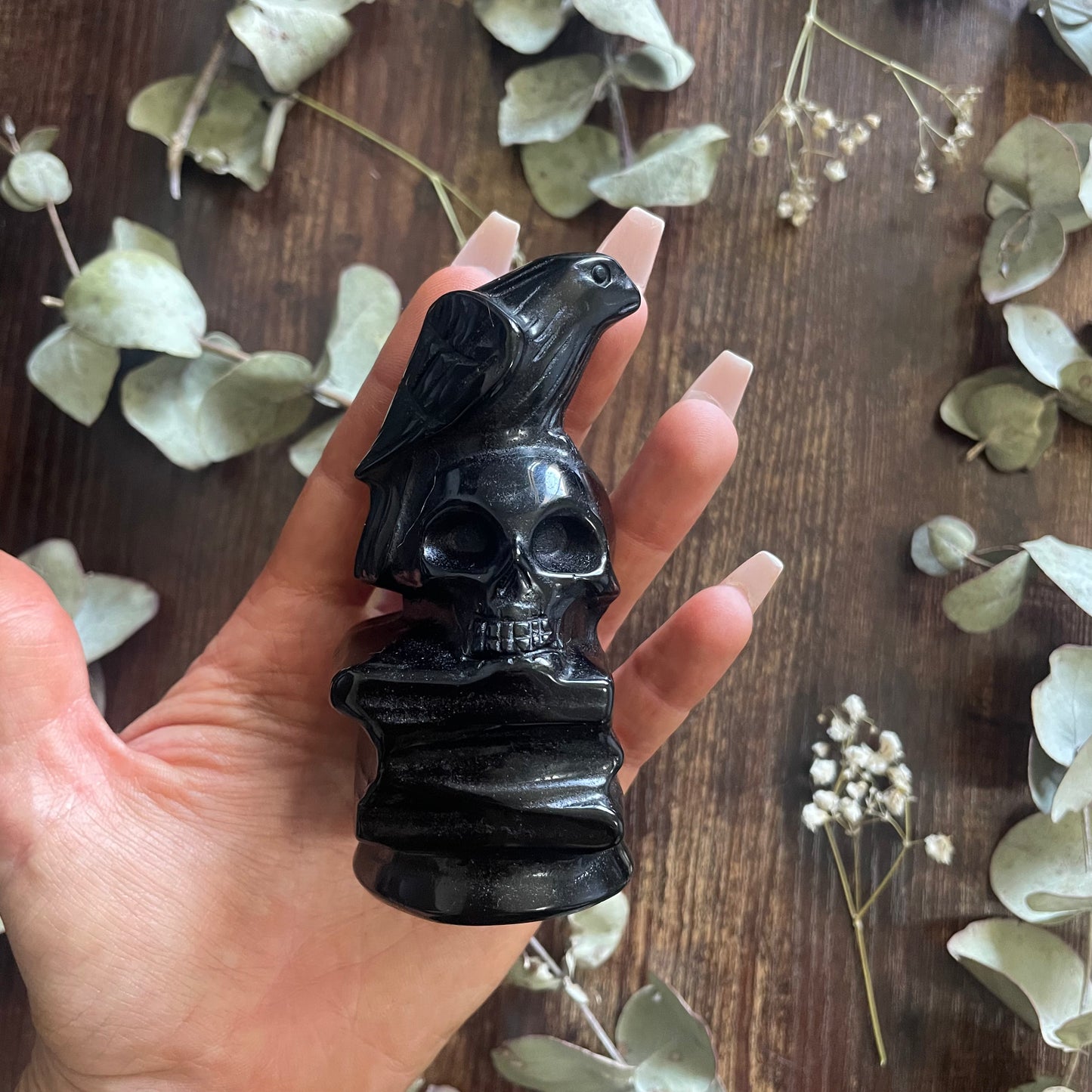 Ravens Spell Book & Skull - Black Obsidian
