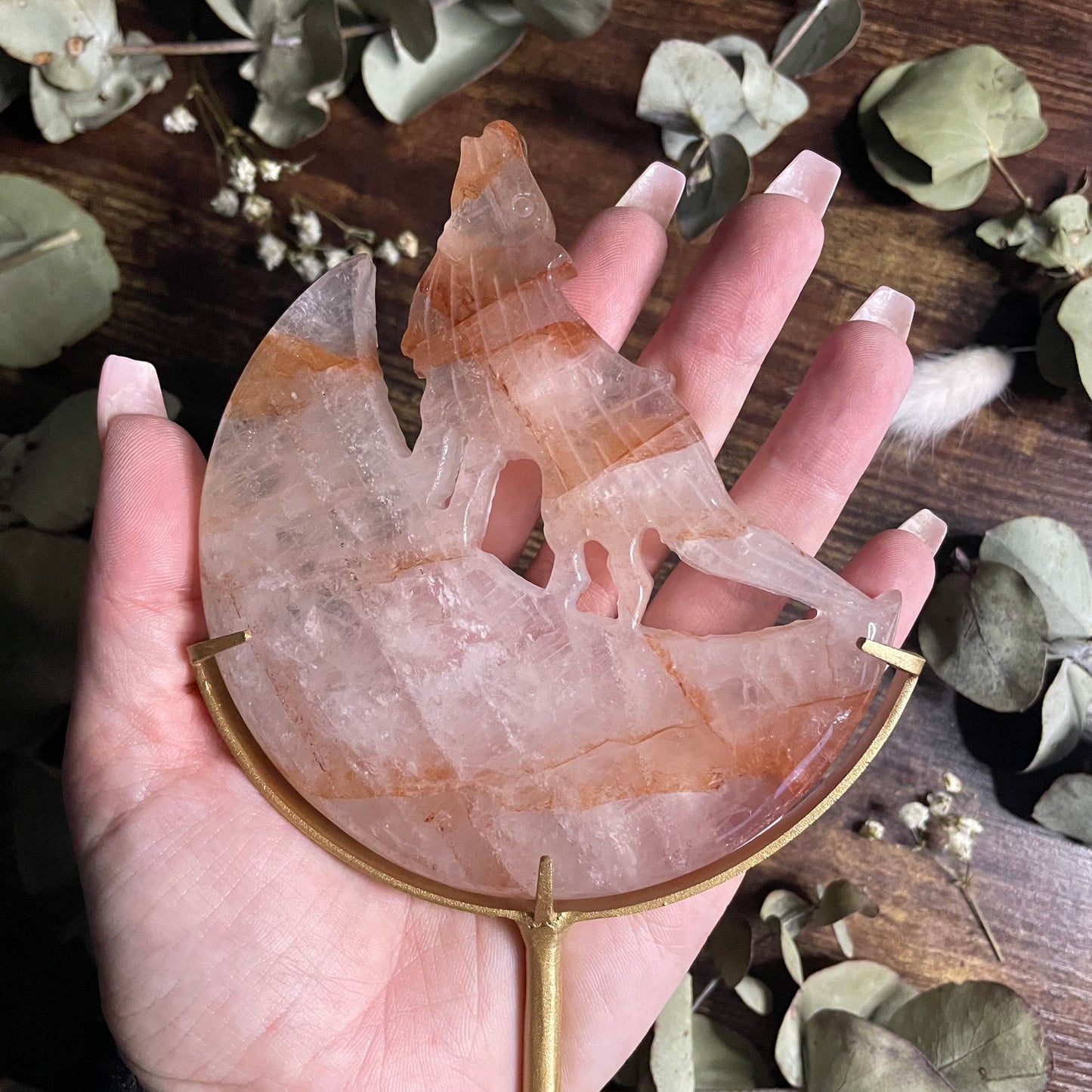 Howling Wolf & Moon on Stand - Fire Quartz