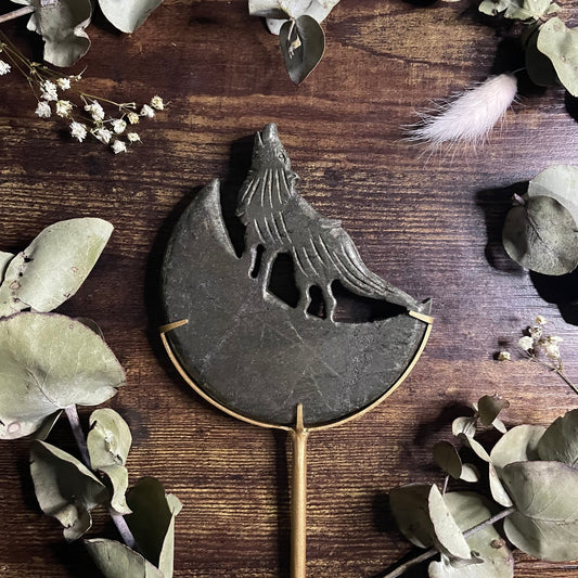 Howling Wolf & Moon on Stand - Pyrite