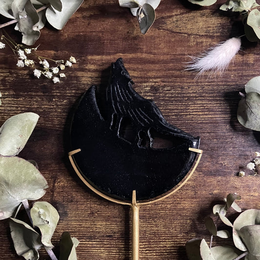 Howling Wolf & Moon on Stand - Black Obsidian