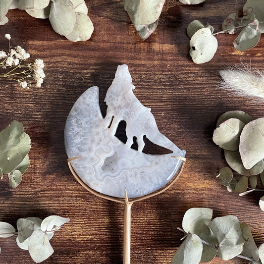 Howling Wolf & Moon on Stand - White Druzy Agate