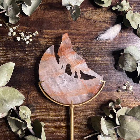 Howling Wolf & Moon on Stand - Fire Quartz