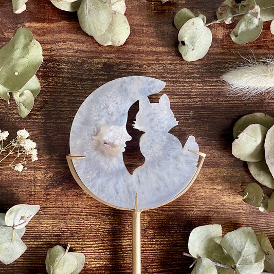 Cat & Moon on Stand - White Druzy Agate