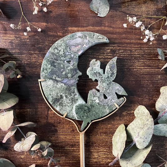 Moon Fairy on Stand - Green Moss Agate